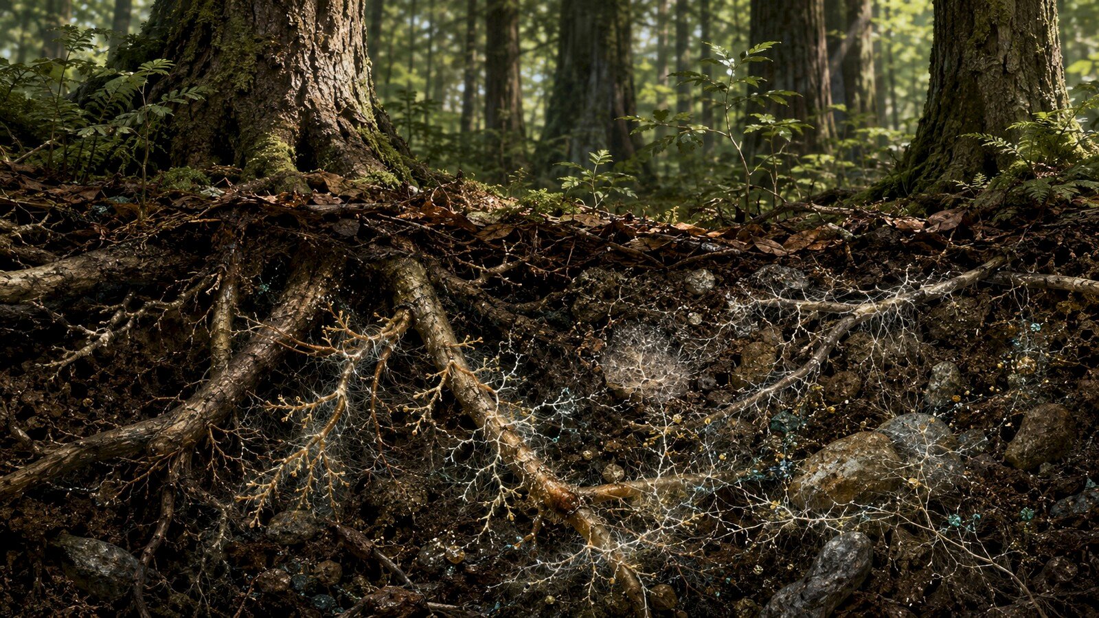 A GServa editorial illustration showing tree roots and mycorrhizal fungal hyphae exchanging resources beneath a forest.