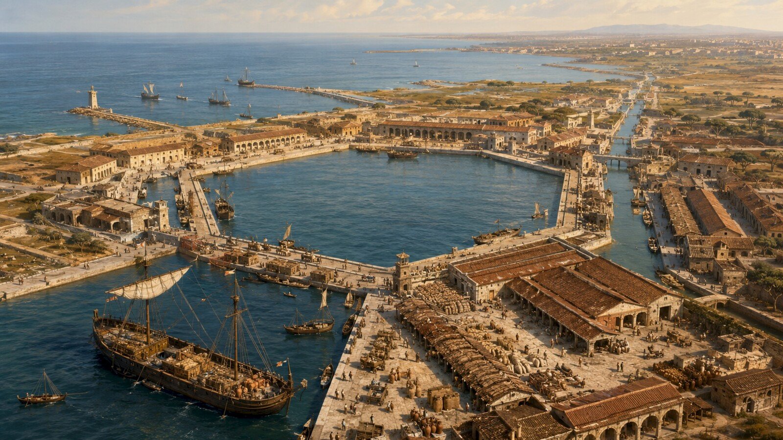 A GServa editorial reconstruction of ships, warehouses and cargo activity around Trajan&rsquo;s hexagonal harbour basin at Portus.